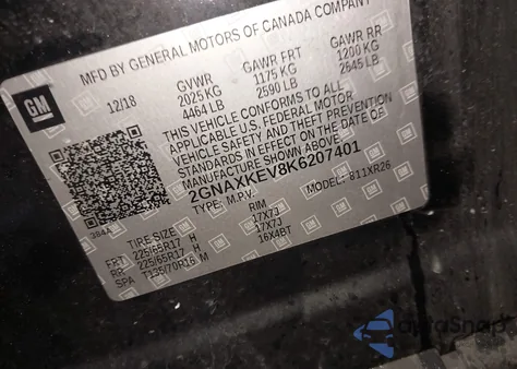 2019 Chevrolet Equinox Lt из США, поврежденный, VIN 2GNAXKEV8K6207401